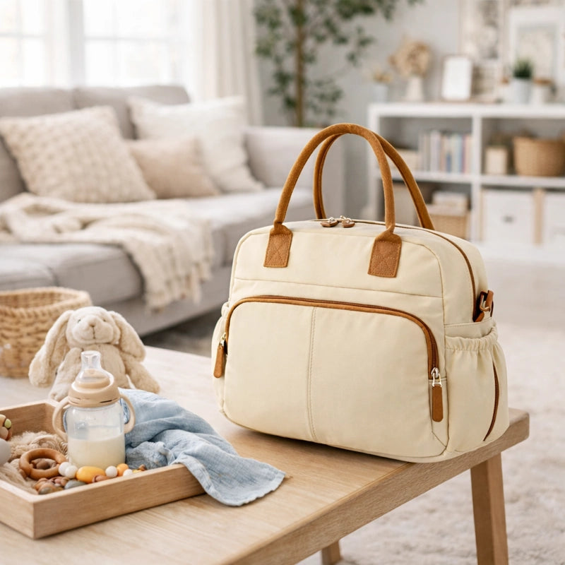 Sac a langer bebe beige dans un salon